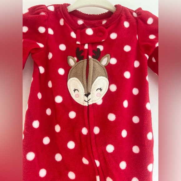 Carter's Red Polka Dot Zip-Up Footie with Cute Reindeer - Newborn Baby Girl - Picture 3 of 7